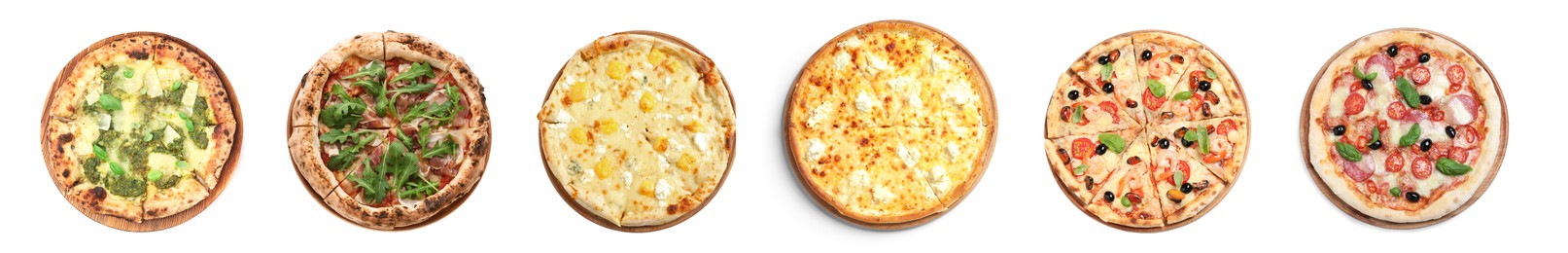 Set with different delicious pizzas on white background, top view. Banner design