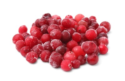 Pile of frozen red cranberries isolated on white