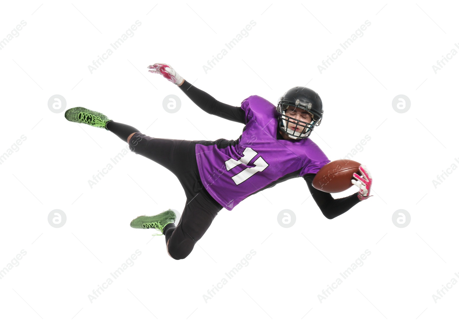 Photo of American football player catching ball on white background