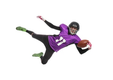 Photo of American football player catching ball on white background