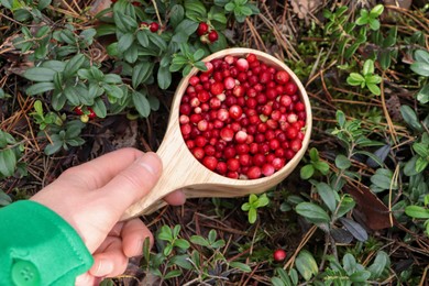 Photo of Woman holding wooden cup with tasty lingonberries outdoors, above view