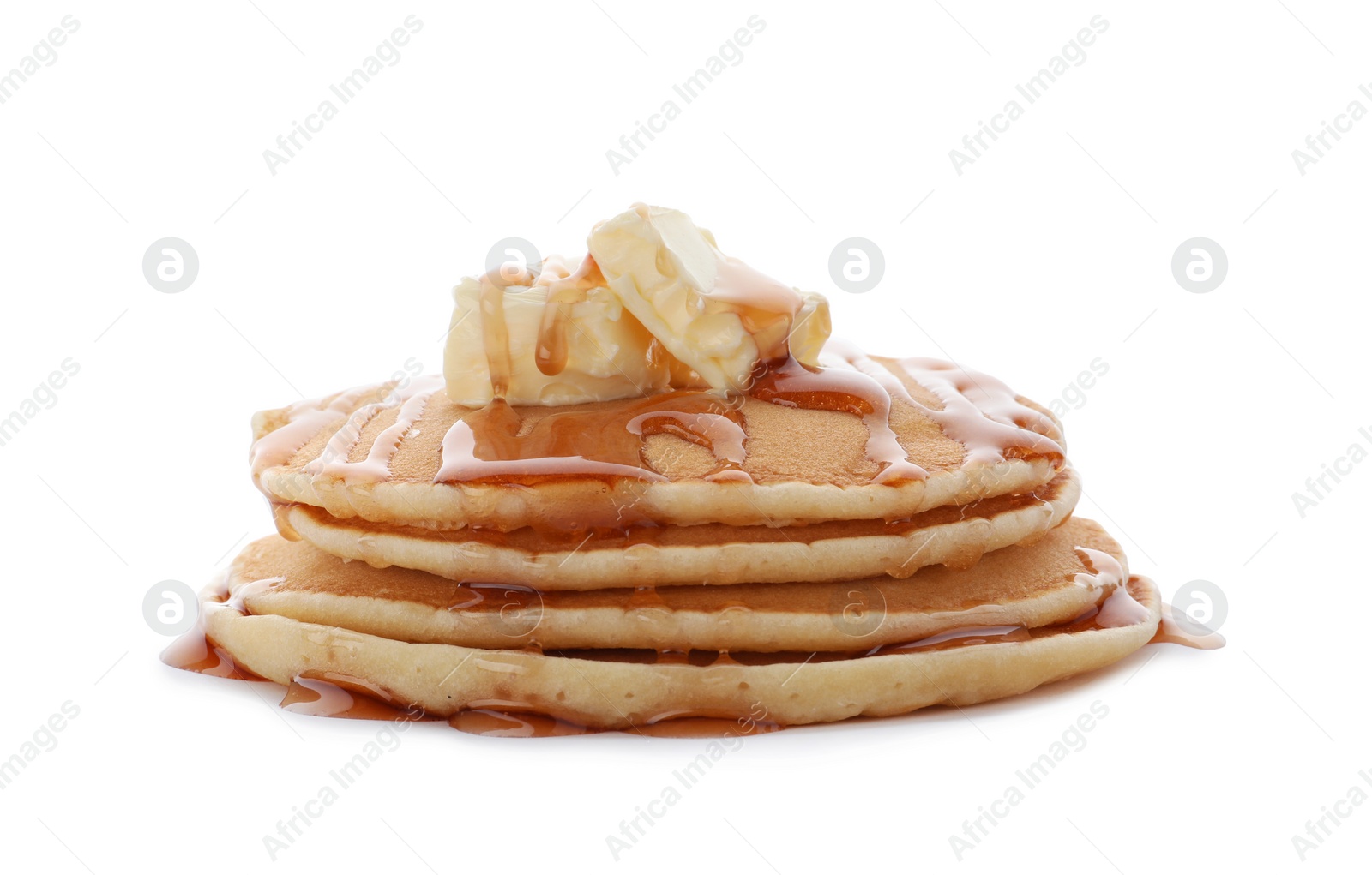 Photo of Tasty pancakes with honey and butter on white background