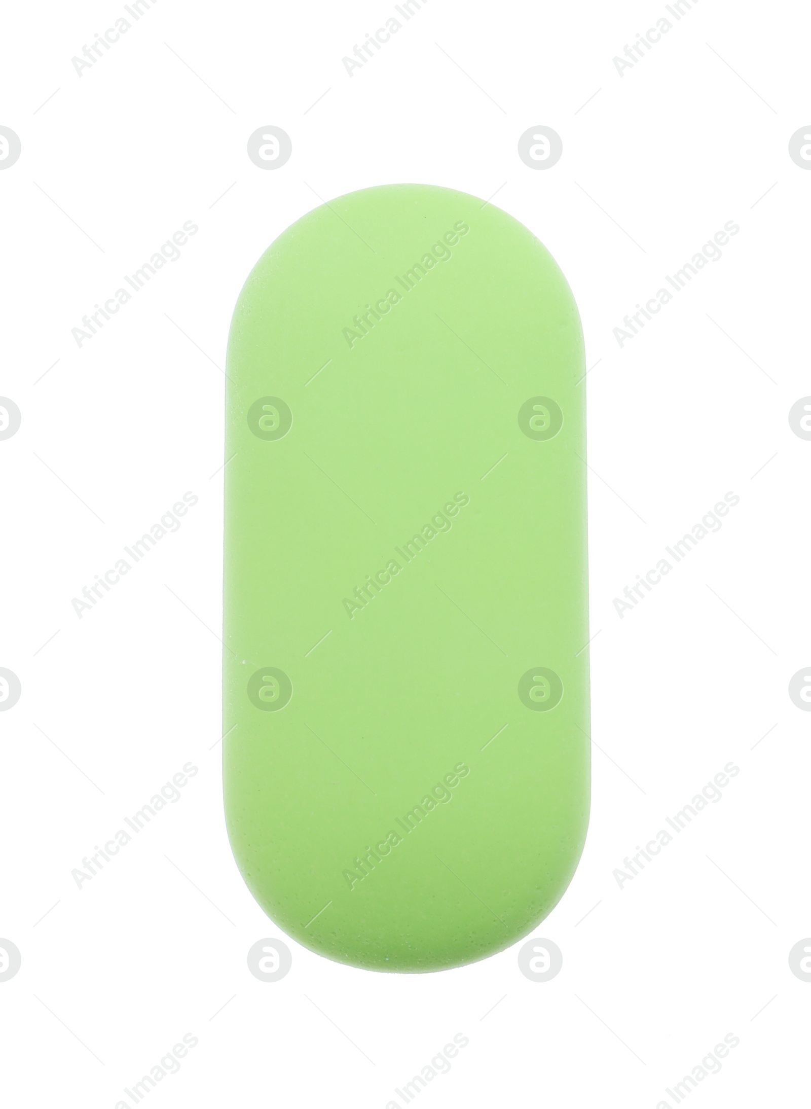 Photo of New eraser isolated on white, top view. School stationery