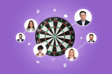 Target audience. Dartboard surrounded by photos of potential clients linked together and icons on violet background