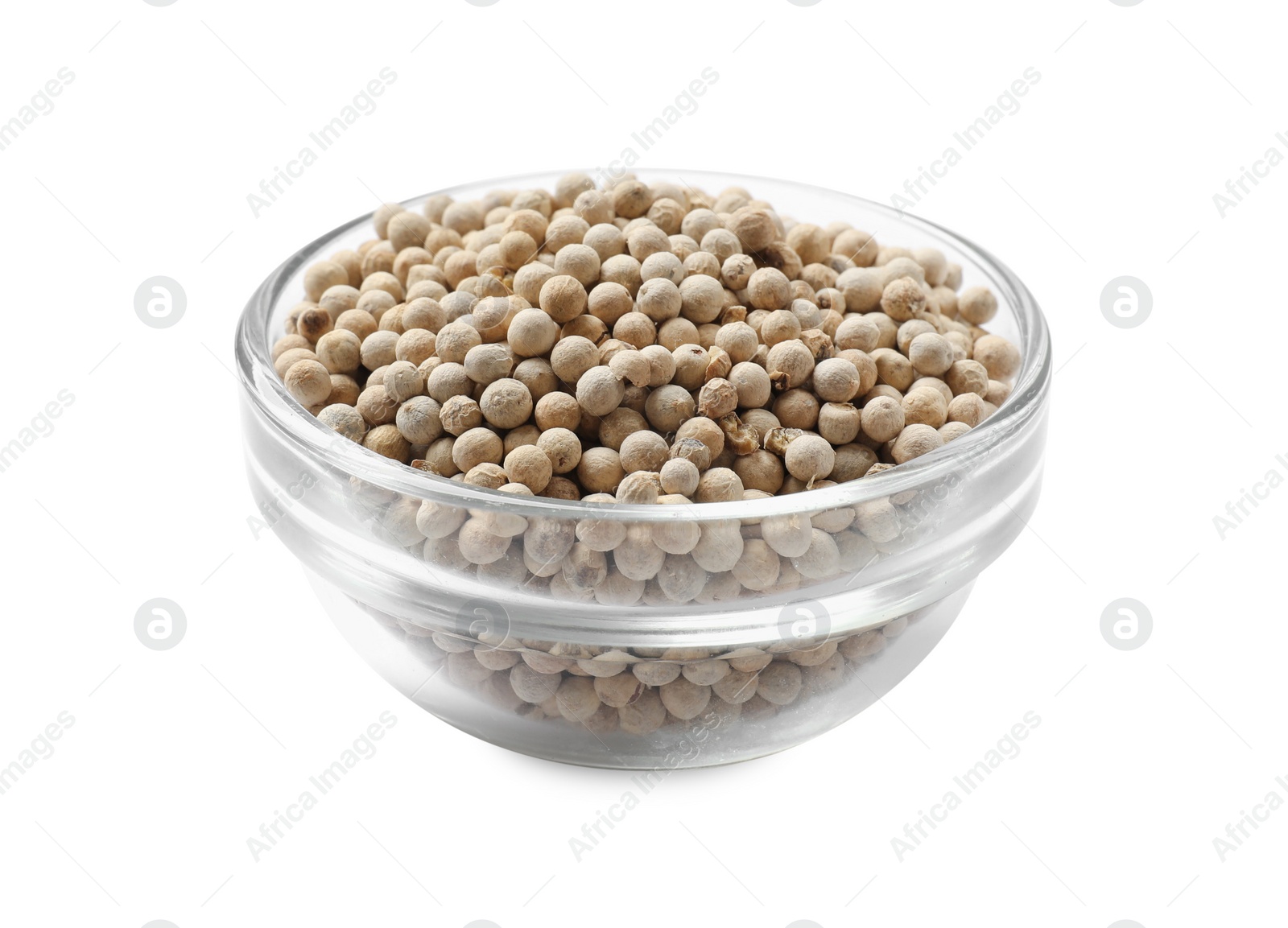 Photo of Aromatic spice. Many peppercorns in bowl isolated on white