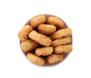 Photo of Bucket with tasty chicken nuggets isolated on white, top view