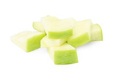 Photo of Pile of apple slices isolated on white