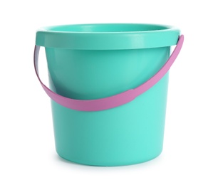 Photo of Small plastic bucket on white background. Beach toy