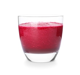 Glass of fresh beet juice on white background