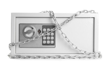 Photo of Steel safe with chain isolated on white
