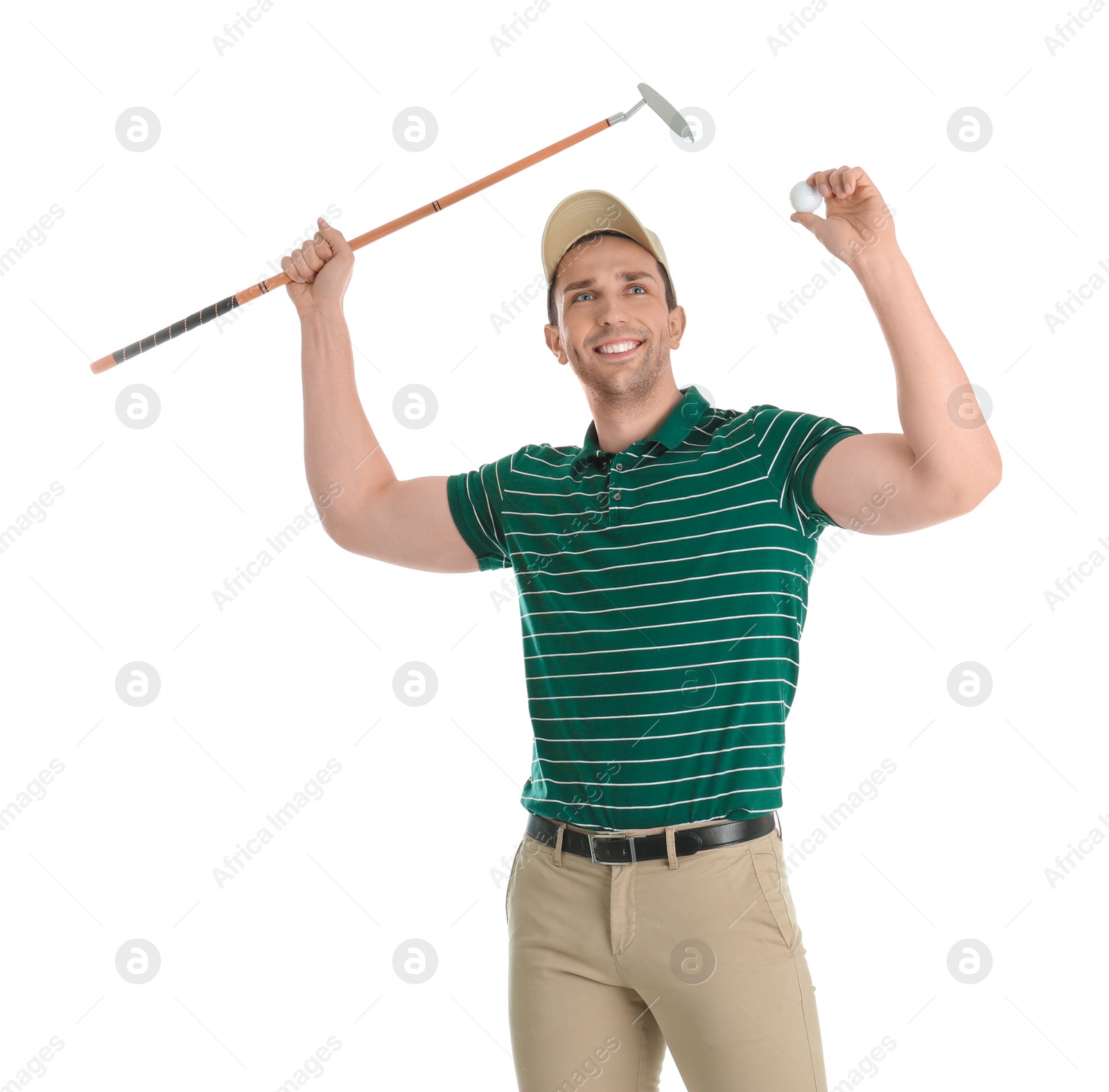 Photo of Portrait of young man with golf club isolated on white