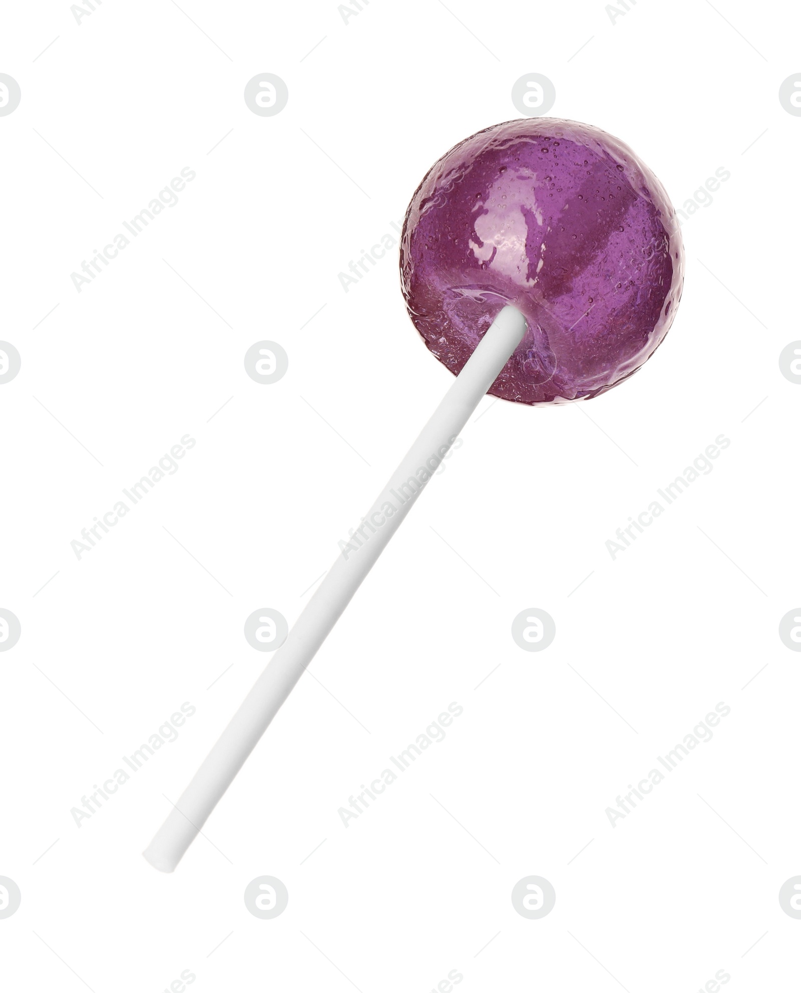 Photo of Tasty violet lollipop isolated on white. Confectionery product