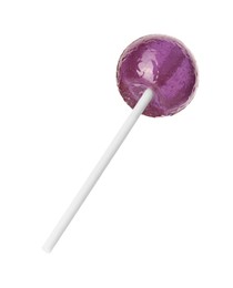 Photo of Tasty violet lollipop isolated on white. Confectionery product