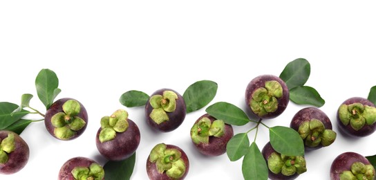 Photo of Fresh ripe mangosteen fruits with green leaves on white background, top view