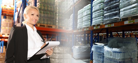 Image of Distribution. Happy manager with clipboard in warehouse, double exposure. Banner design