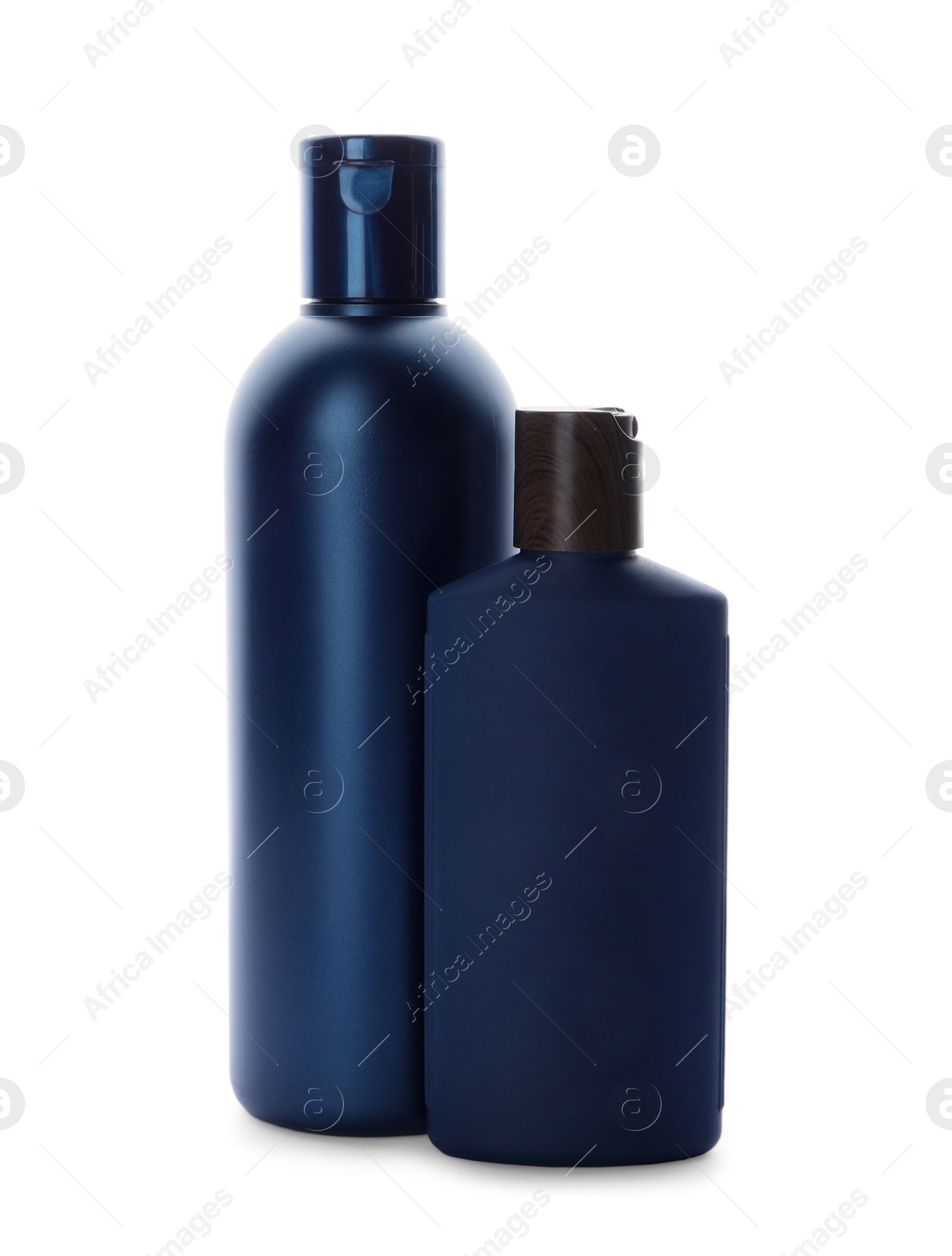 Photo of Bottles with personal hygiene products on white background