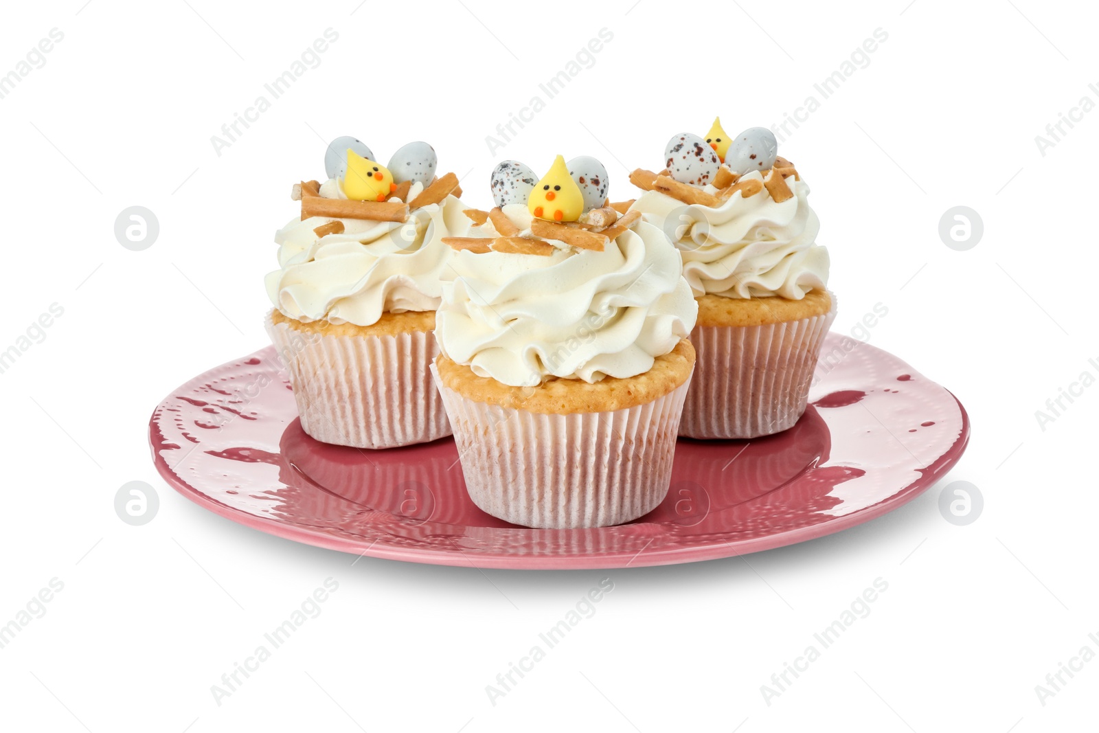 Photo of Tasty Easter cupcakes with vanilla cream isolated on white