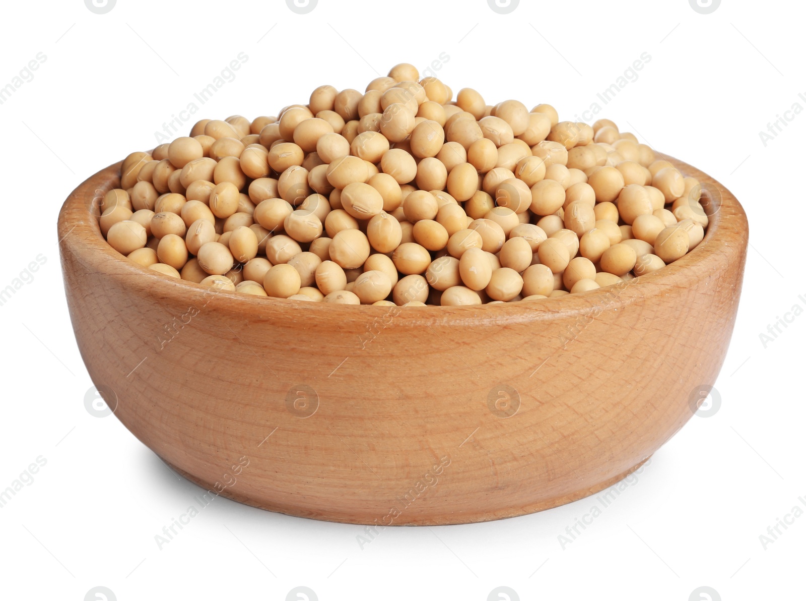 Photo of Soya beans in wooden bowl isolated on white