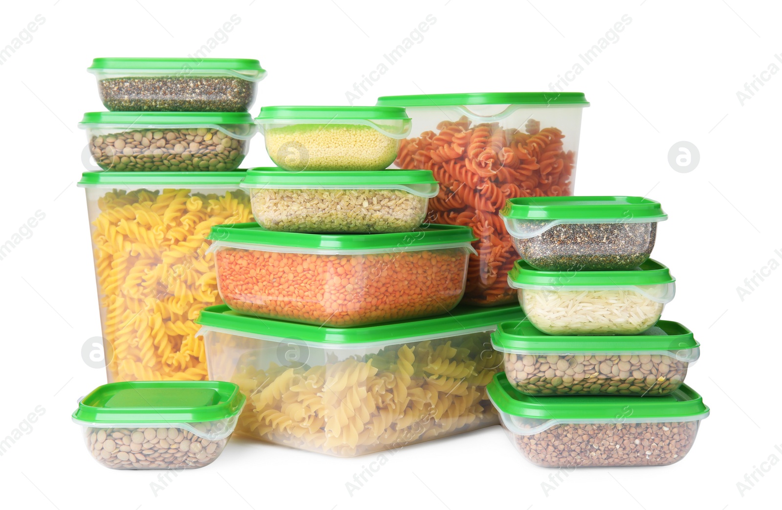 Photo of Plastic containers filled with food products isolated on white