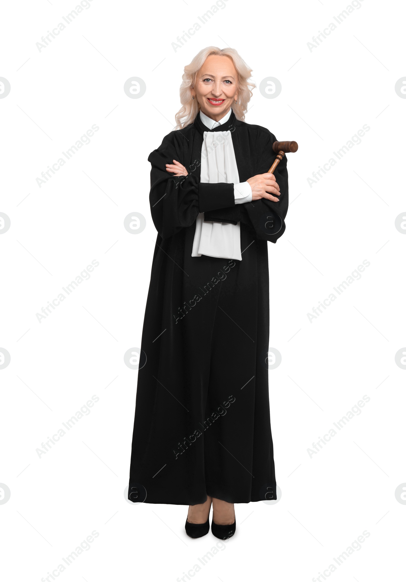 Photo of Smiling senior judge with gavel on white background