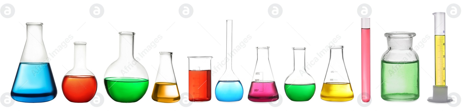 Image of Set of laboratory glassware with colorful liquids on white background. Banner design