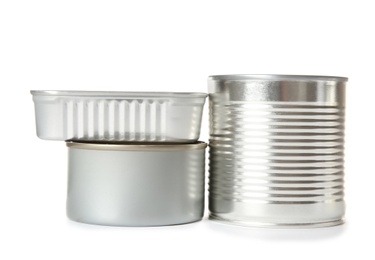 Photo of Group of tin cans isolated on white