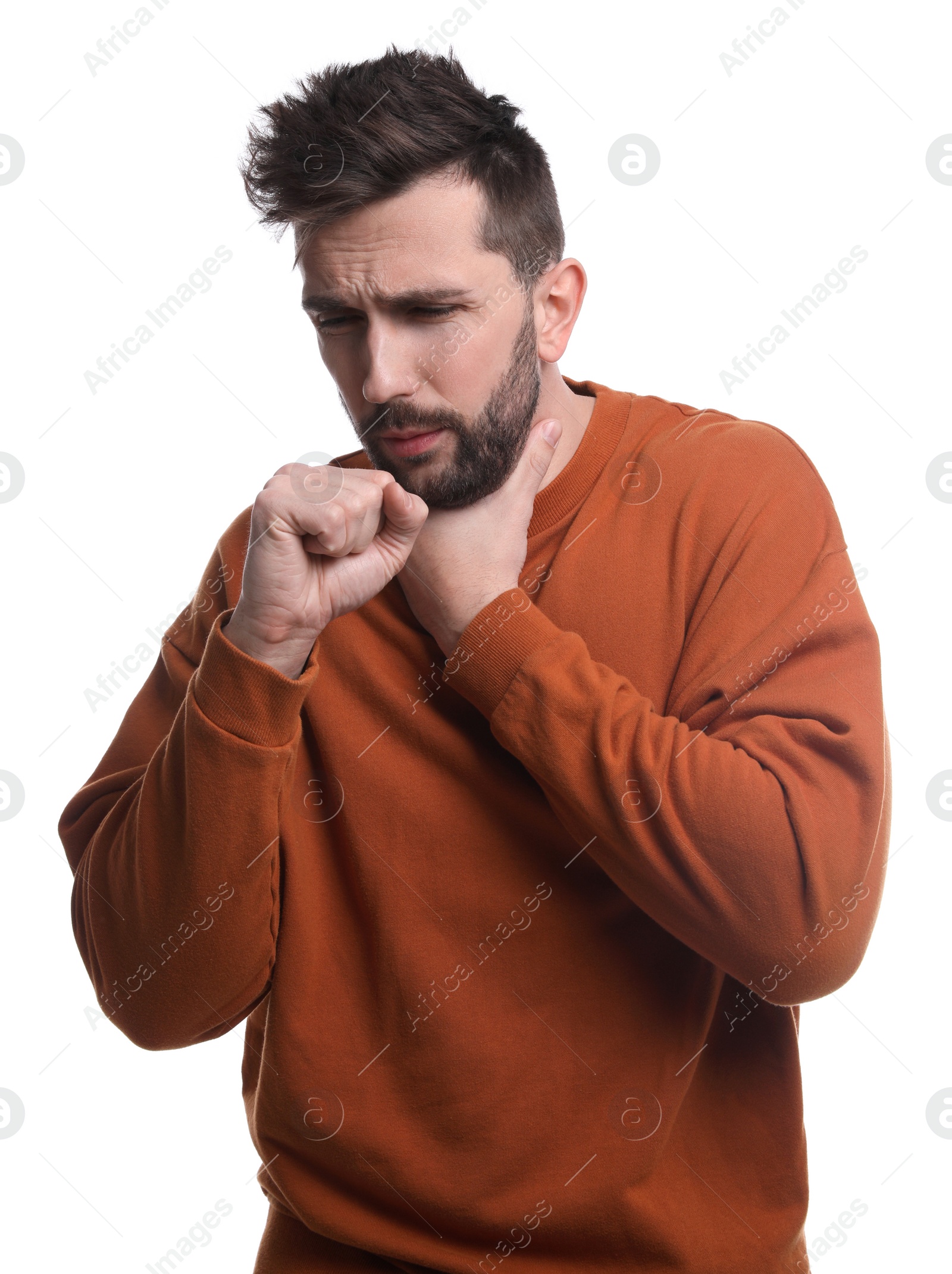 Photo of Man coughing on white background. Cold symptoms