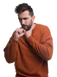 Photo of Man coughing on white background. Cold symptoms