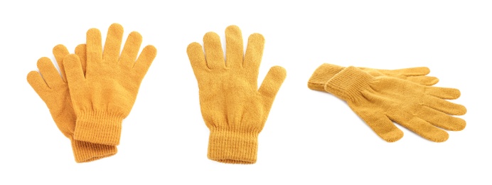 Image of Set of yellow woolen gloves on white background. Banner design 