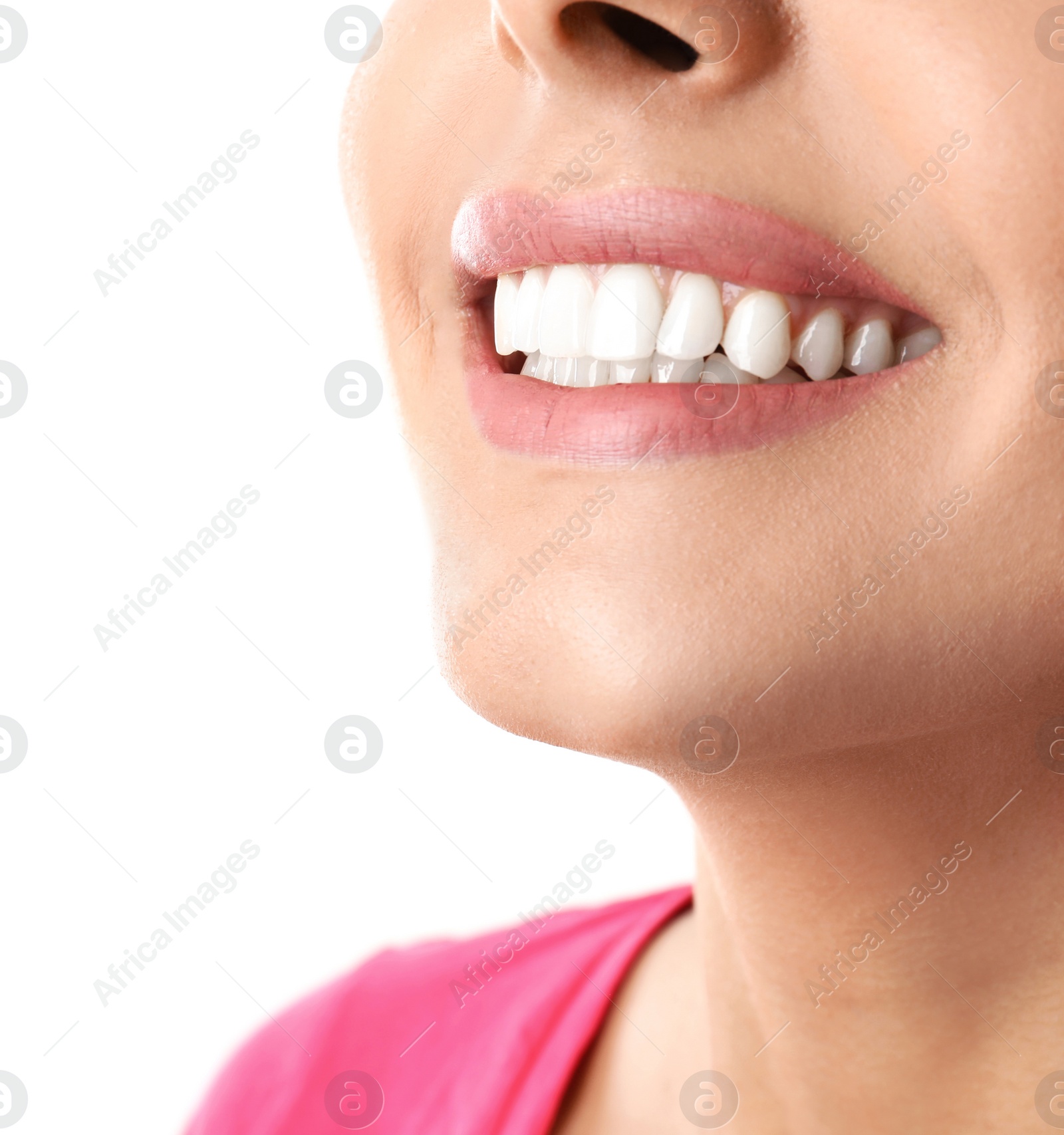 Photo of Young woman with healthy teeth on white background, closeup