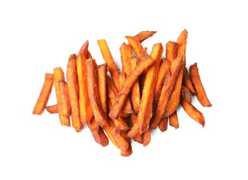 Delicious sweet potato fries on white background, top view