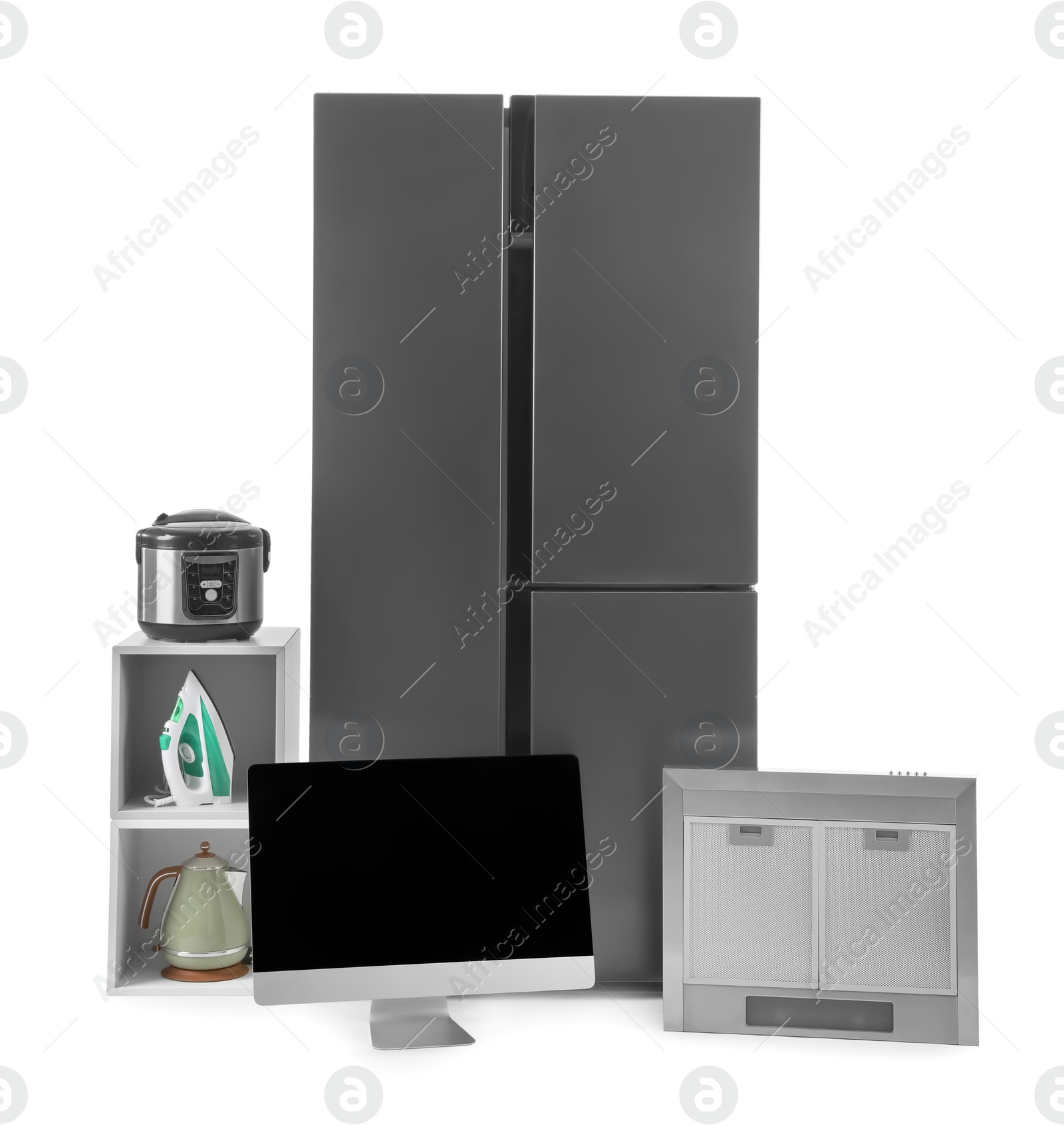 Photo of Modern refrigerator and domestic appliances isolated on white
