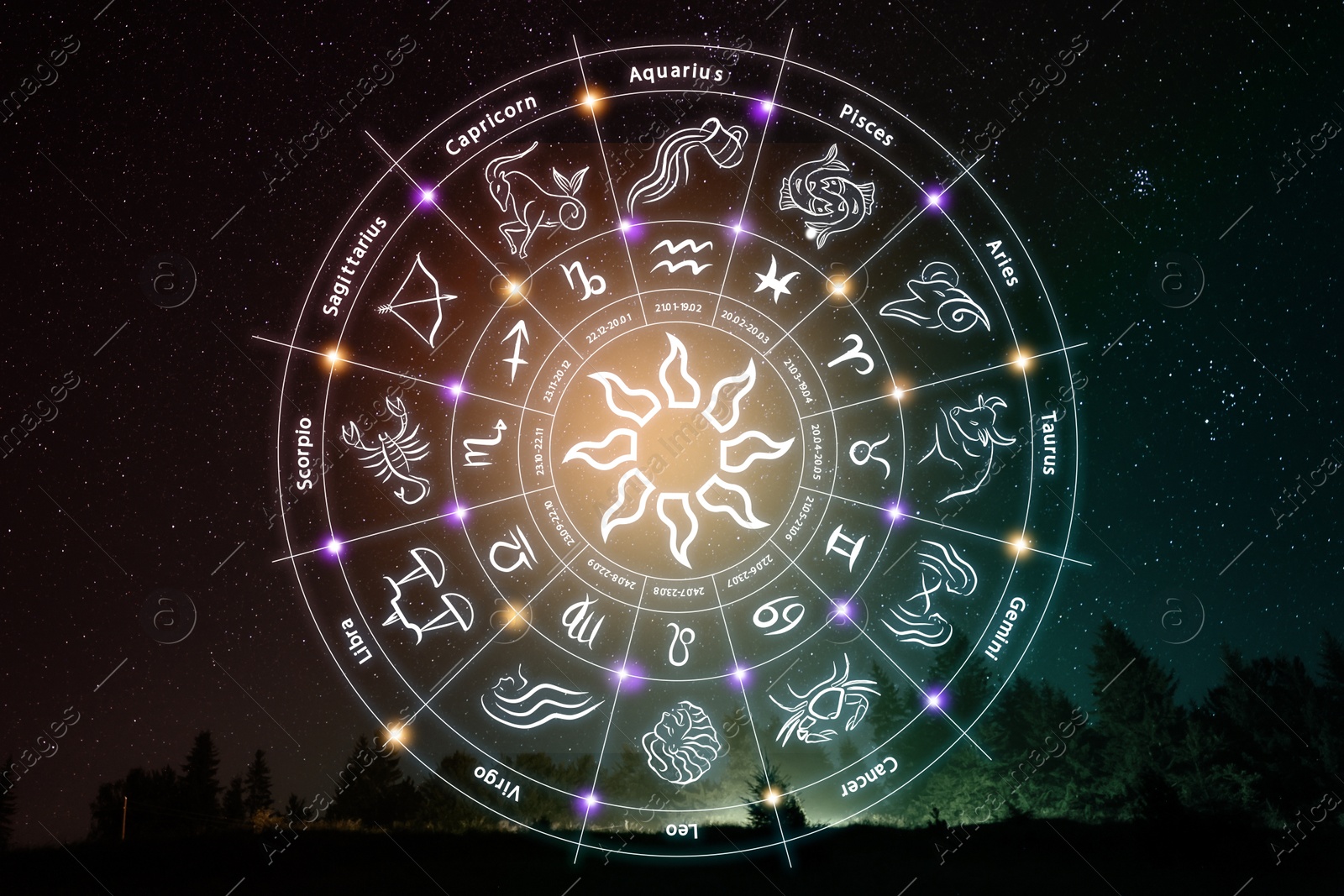 Image of Zodiac wheel showing 12 signs against night sky