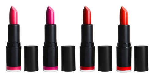 Image of Set with different beautiful lipsticks on white background