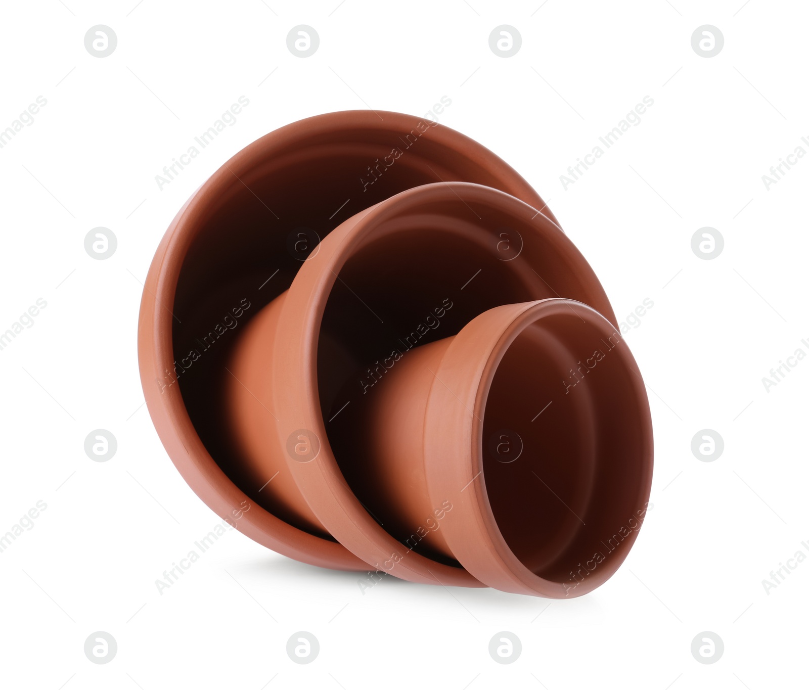 Photo of Stylish terracotta flower pots isolated on white