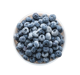 Tasty frozen blueberries in bowl isolated on white, top view