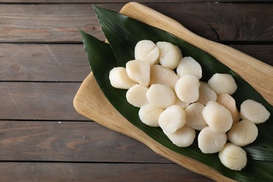Photo of Fresh raw scallops on wooden table, top view. Space for text