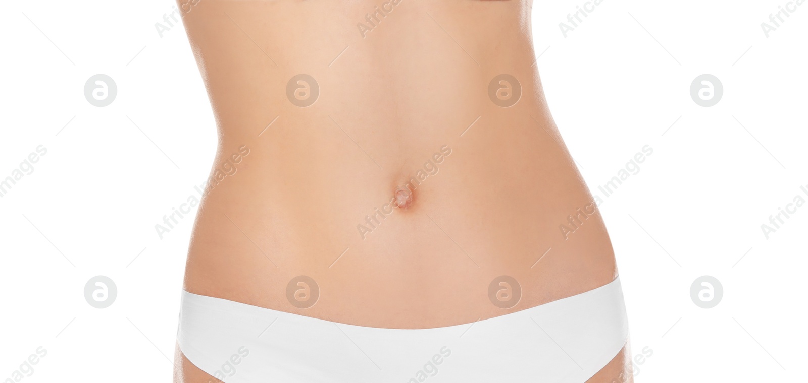 Image of Beautiful young woman with perfect body on white background, closeup