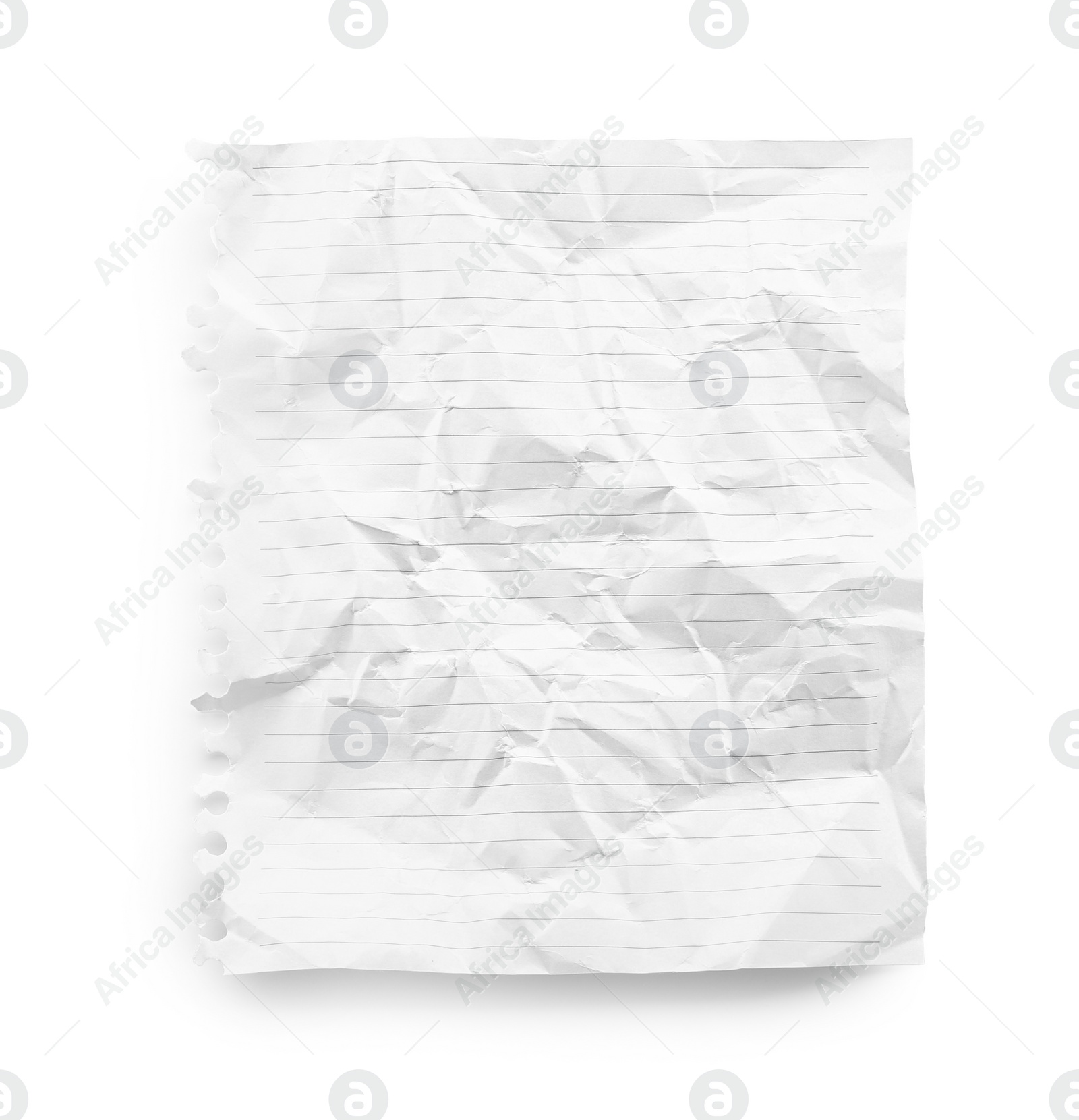 Photo of Crumpled lined notebook sheet isolated on white, top view