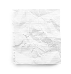 Photo of Crumpled lined notebook sheet isolated on white, top view