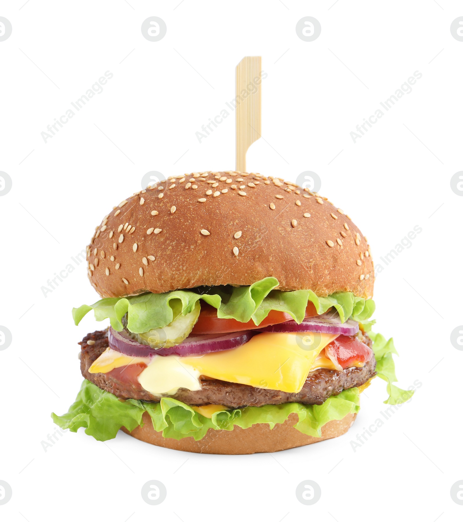 Photo of Delicious burger with beef patty and lettuce isolated on white