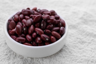 Photo of Brown seeds on kidney bean flour, closeup. Space for text