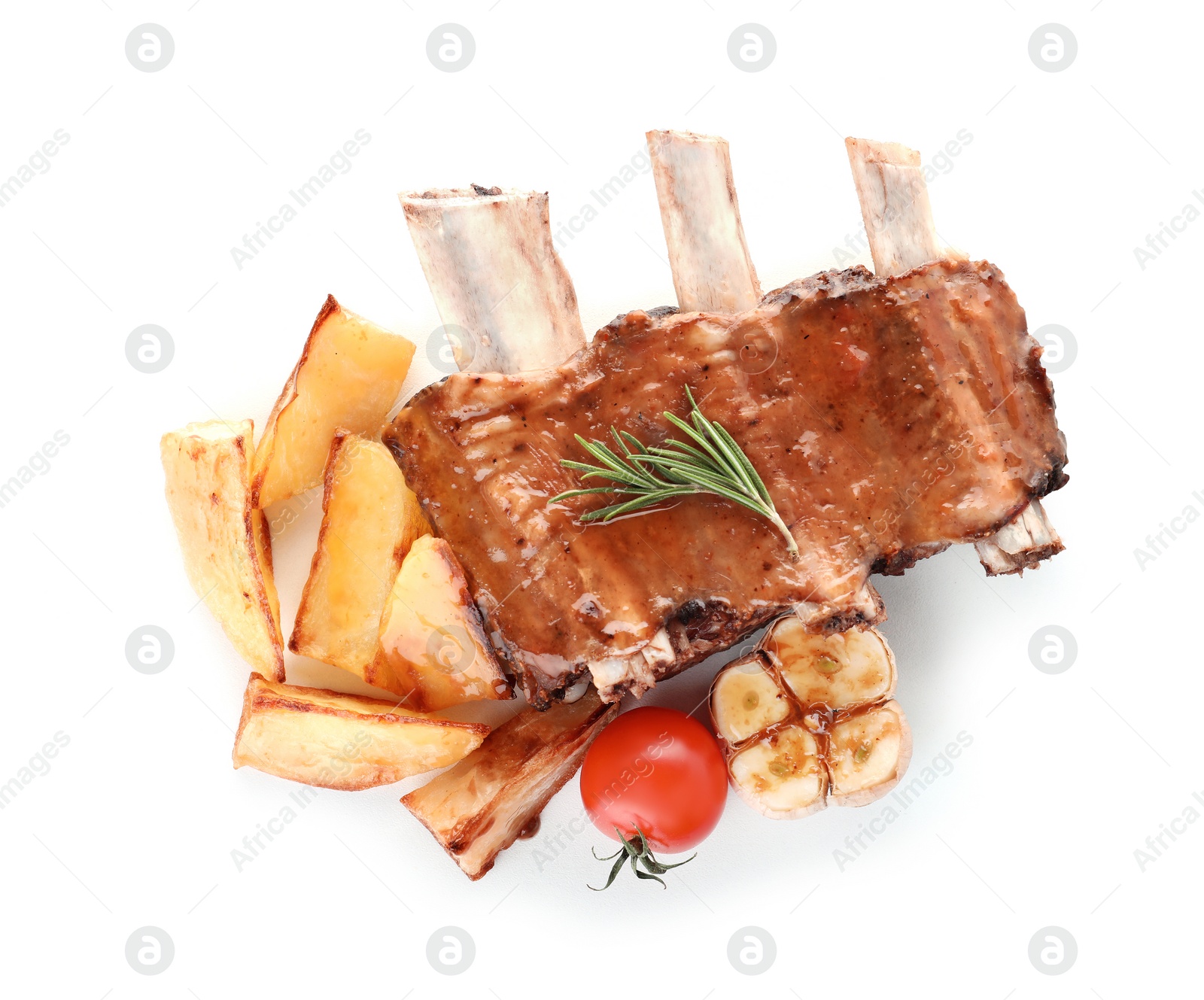 Photo of Fried ribs with garnish on white background, top view. Delicious meat