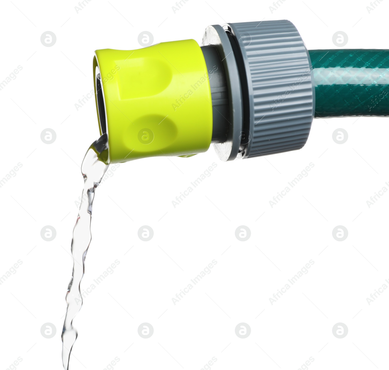 Photo of Water dripping from hose on white background, closeup