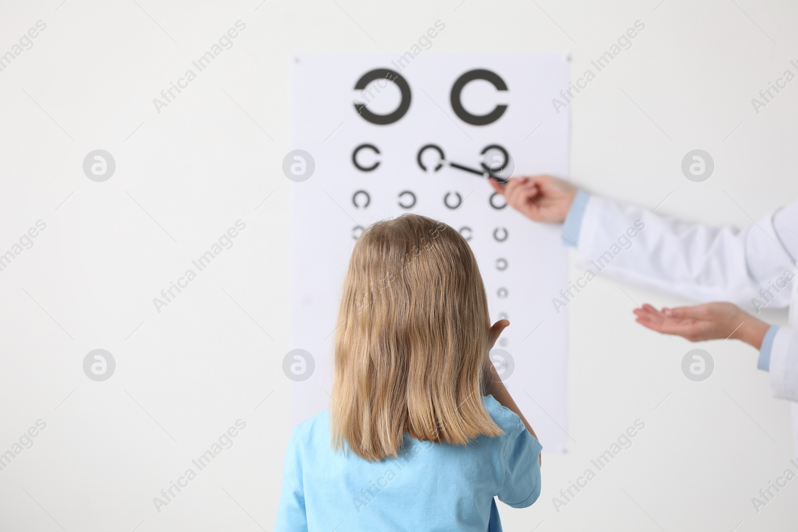 Photo of Ophthalmologist testing little girl's vision in clinic, back view