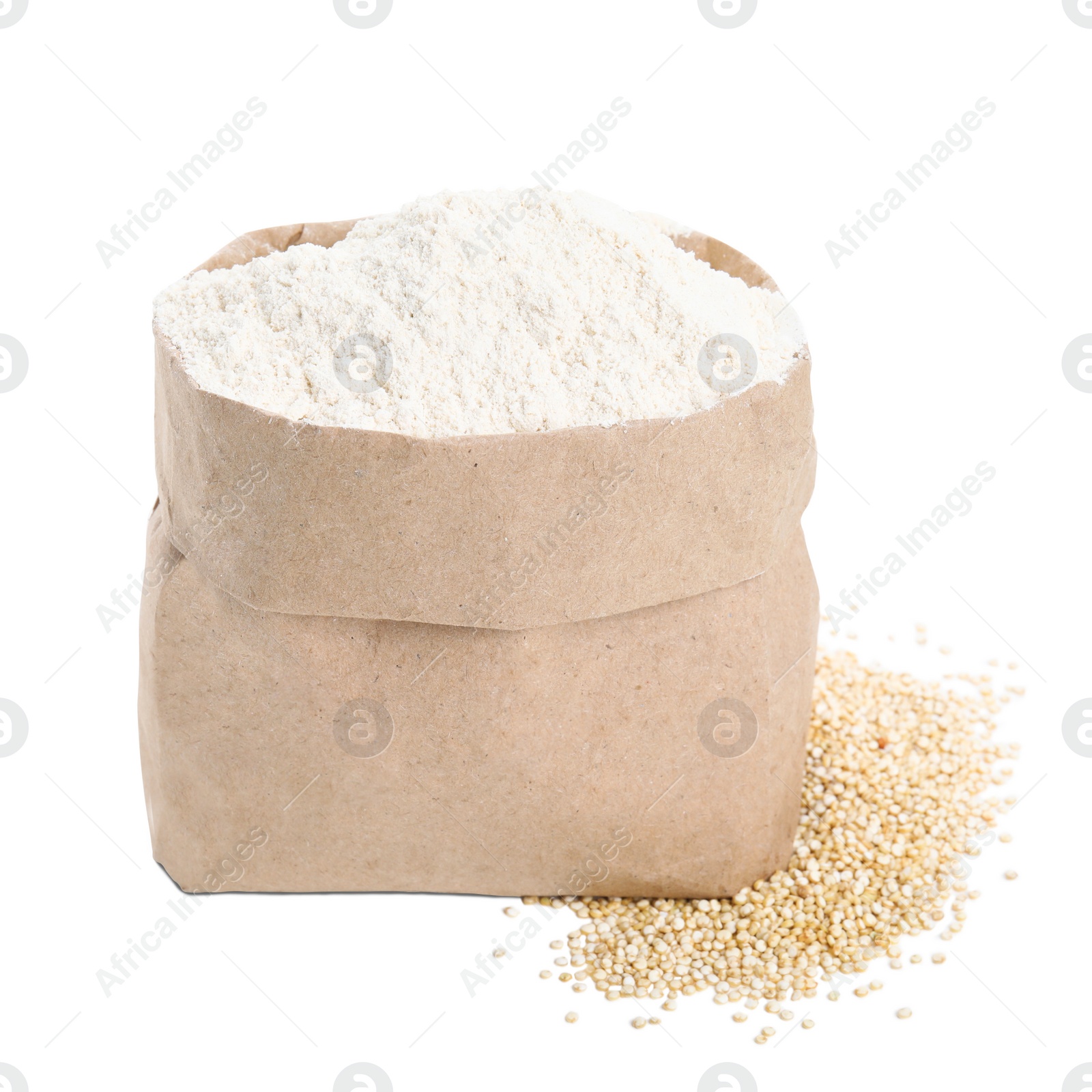 Photo of Paper bag with quinoa flour and grains isolated on white