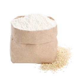 Photo of Paper bag with quinoa flour and grains isolated on white