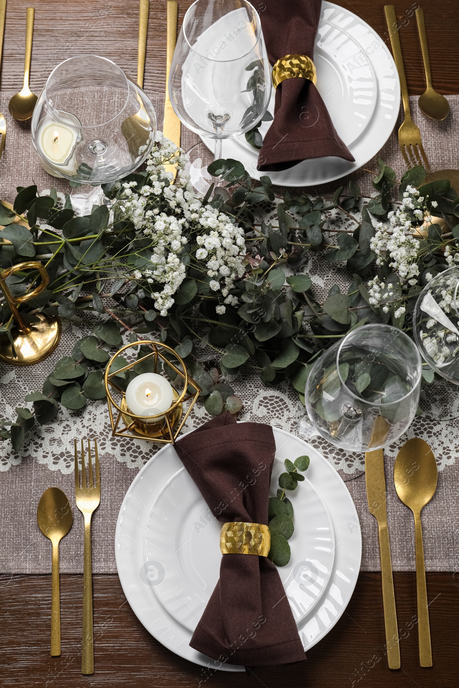 Photo of Stylish elegant table setting for festive dinner, flat lay