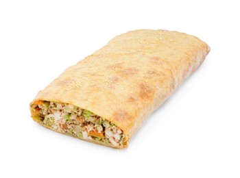 Photo of Delicious strudel with chicken and vegetables isolated on white