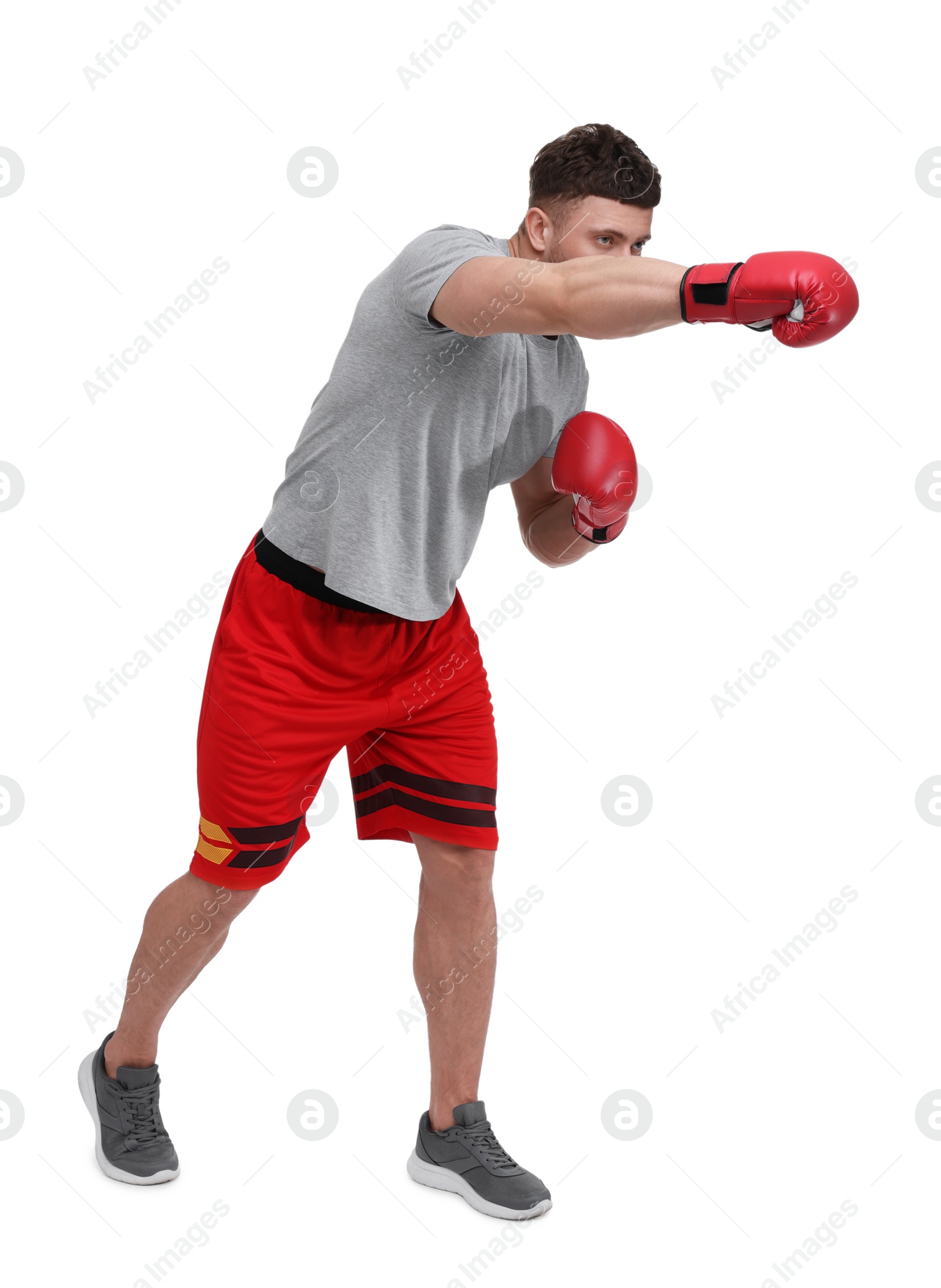 Photo of Man in boxing gloves fighting on white background